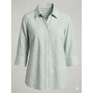 Old Navy‎ Womens XL Blue Green Striped Cotton Linen Button Up Shirt Tunic Collar
